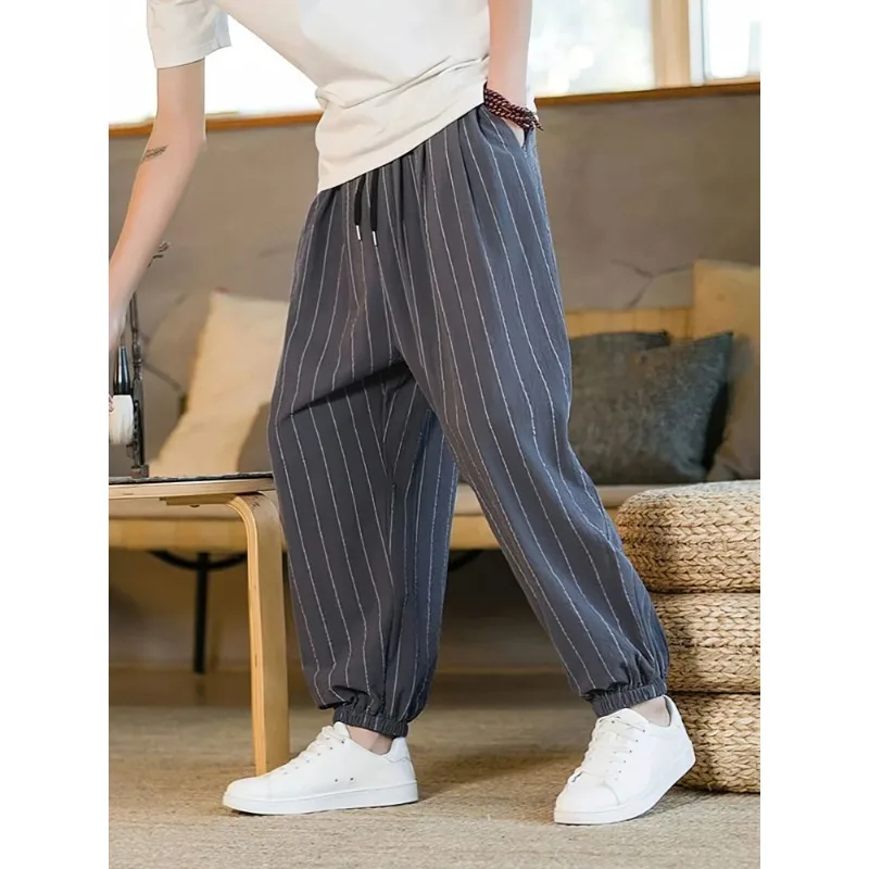 Summer Stripe Casual Jogger Pants Men Ice silk Baggy Trousers Male Walking Wide leg Loose Sweatpants Streetwear