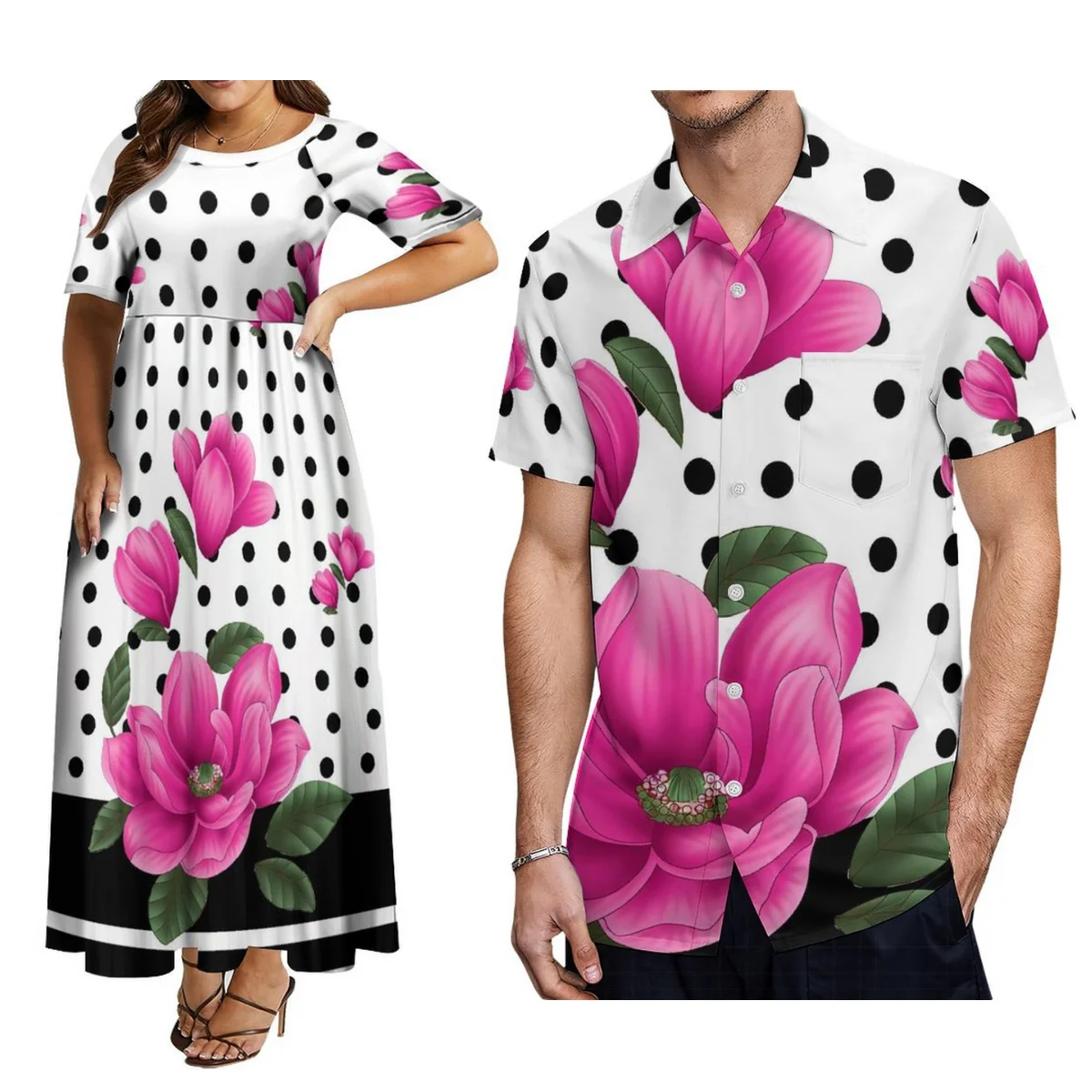 Vestido de cuello redondo para mujer, elegante vestido de noche de cóctel con estampado Floral y camisa polinesiana para hombre, traje de pareja