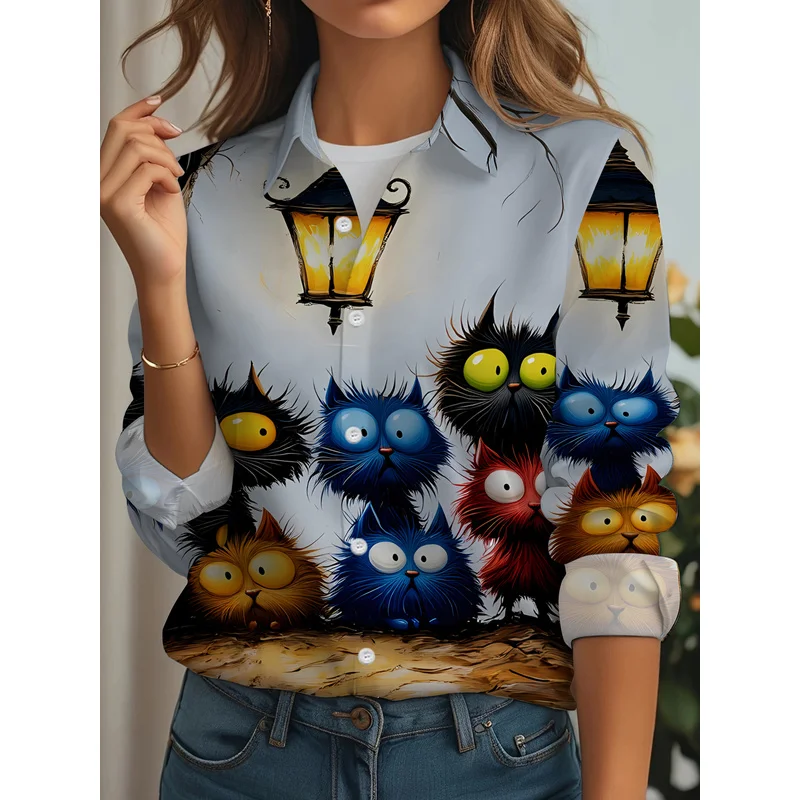 New Women'S Casual Long-Sleeve Shirt, a Group of Cats with Round Eyes Gathered Under The Streetlight,