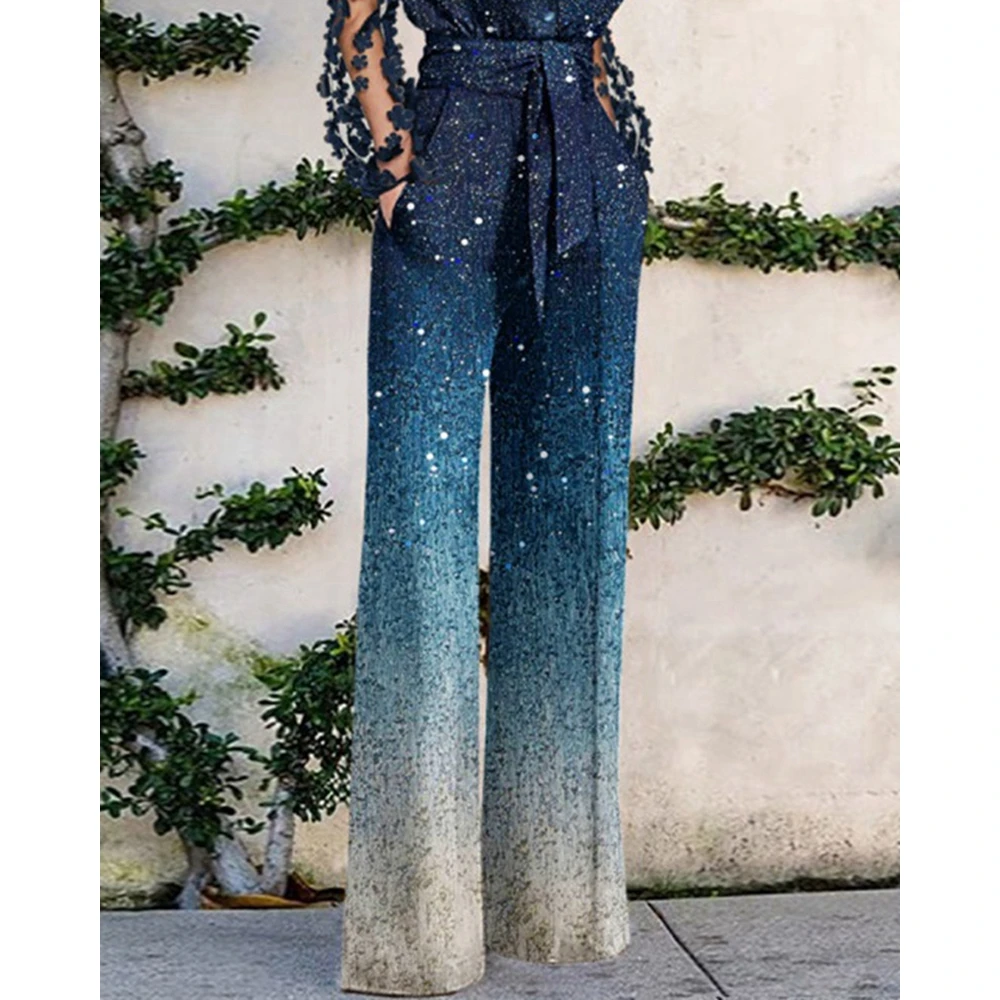 2024 Women Trendy Sheer Mesh Sleeve Stitching Glitter Long Sleeve Jumpsuit Femme One Piece Blue Ombre Overalls Spring Jumpsuits