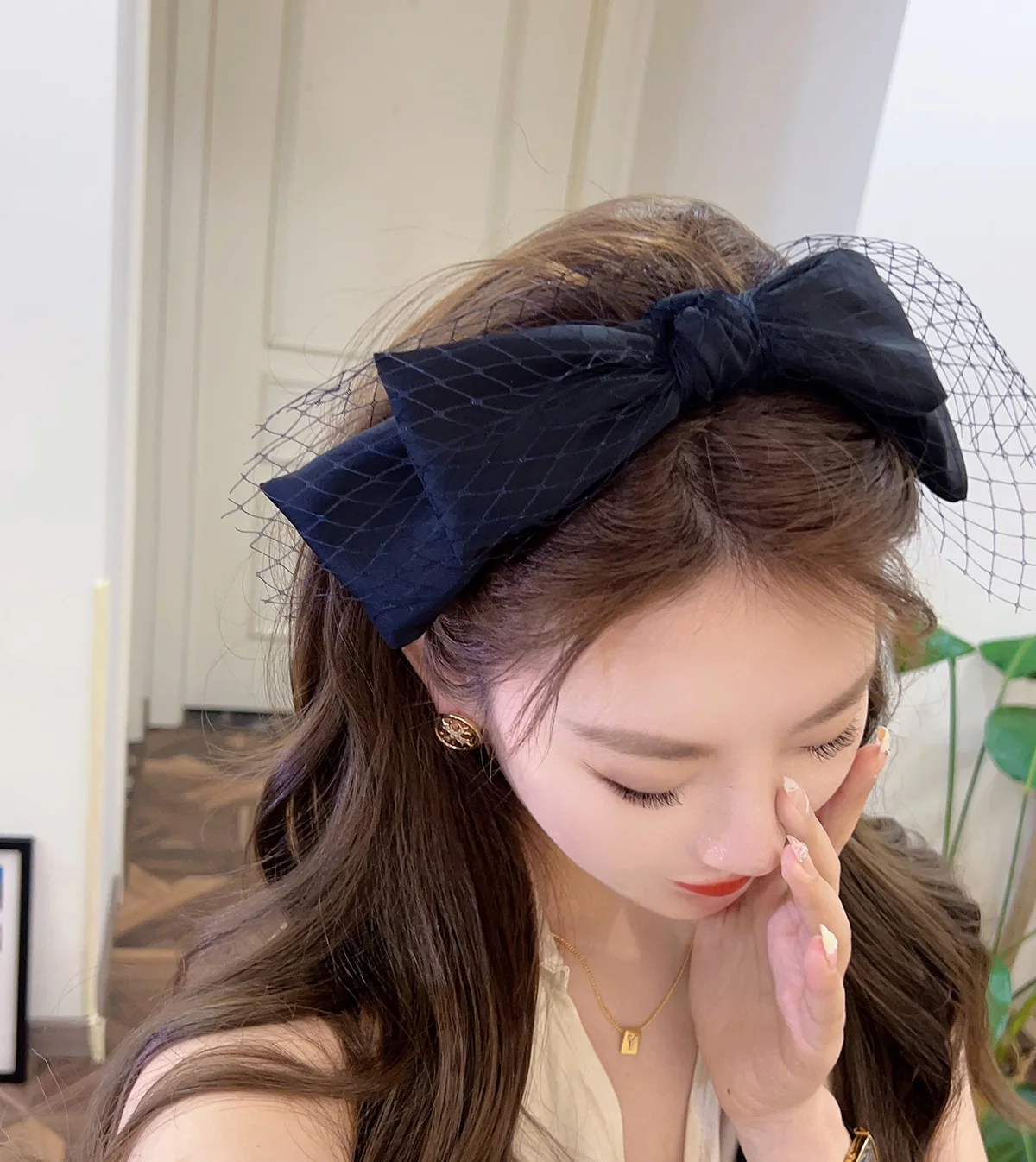 Korean Fashion Headwear Headdress Style Handmade Bowknot Hair Band Headband Black Silk Lace Yarn Hair Accessories for Women