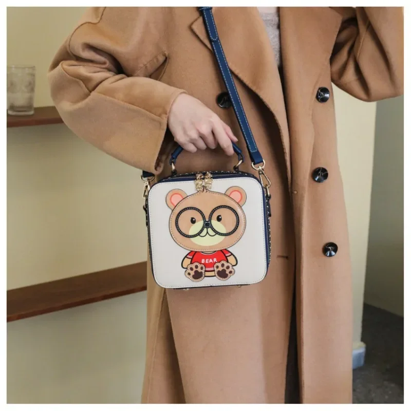 Cartoon Handbag Fashionable Crossbody Bag PU Cute Bear Pattern Simple   Portable Bag Shoulder Square Small Bag For Women Girls