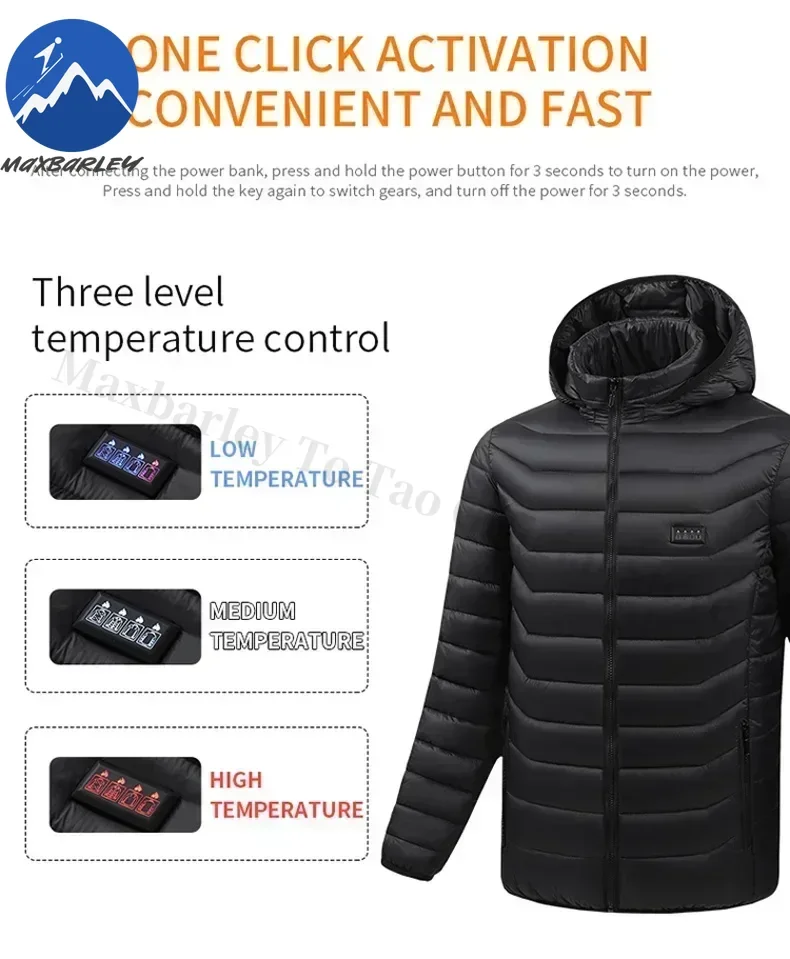Intelligent Electric Heated Jacket Men Winter Warm Parka 3 Modes Adjustable Anti-Cold Ski Outdoor Camping Hiking Thermal Coat