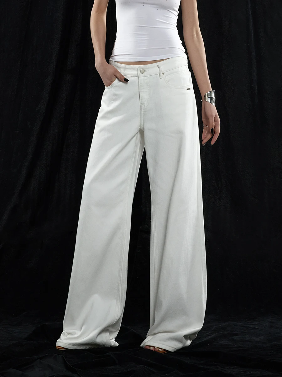 

Ourhour White Wide Leg Loose Women's Jeans Back Pocket Overlap Design Casual Spring Long Trousers Cotton Natural Waist