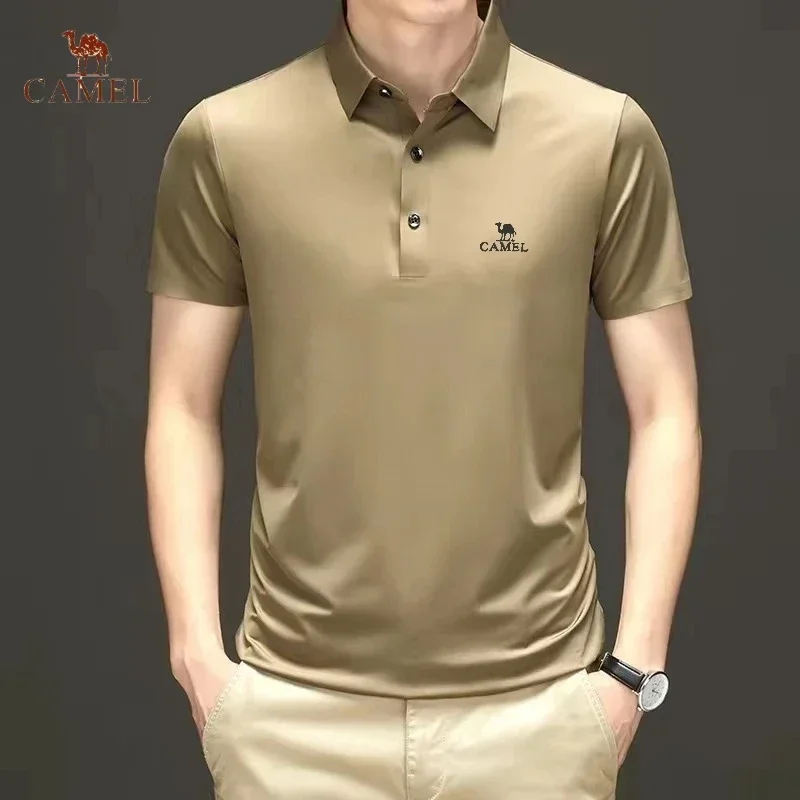 New High-end Embroidered CAMEL Silk Polo Shirt Summer Men\'s Fashionable Business Casual Breathable Short Sleeved T-shirt Top