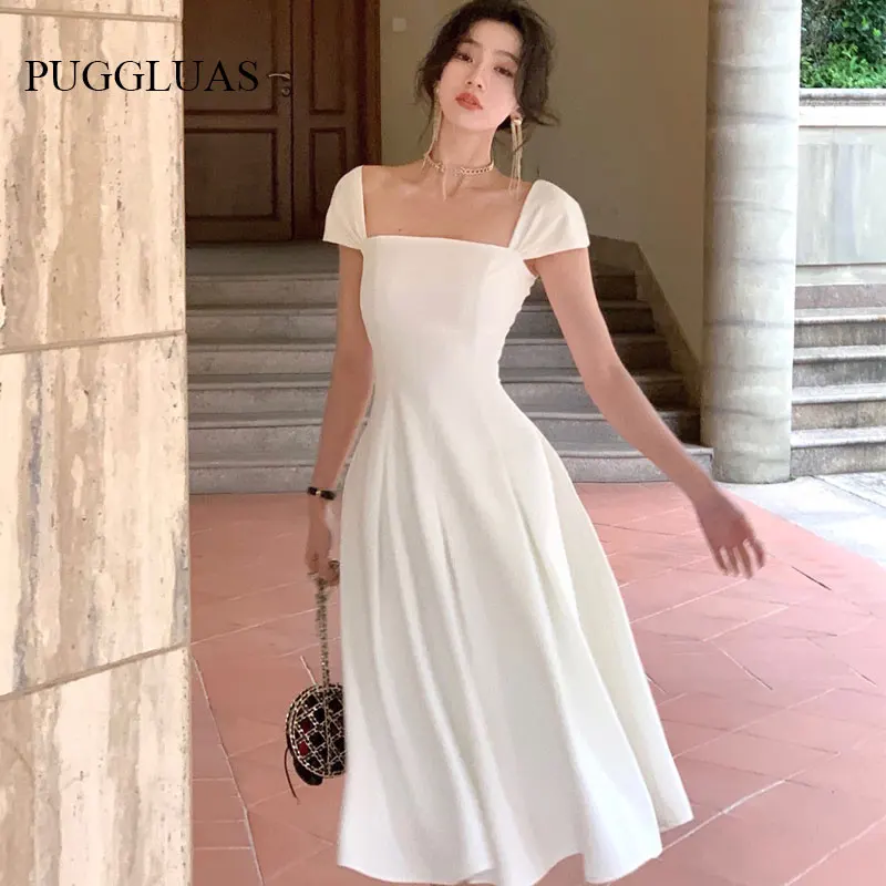 2023 French Elegant Women White Wedding Party Dress Vintage Square Collar Robe Female Sundress Retro Black Evening Dress Vestido