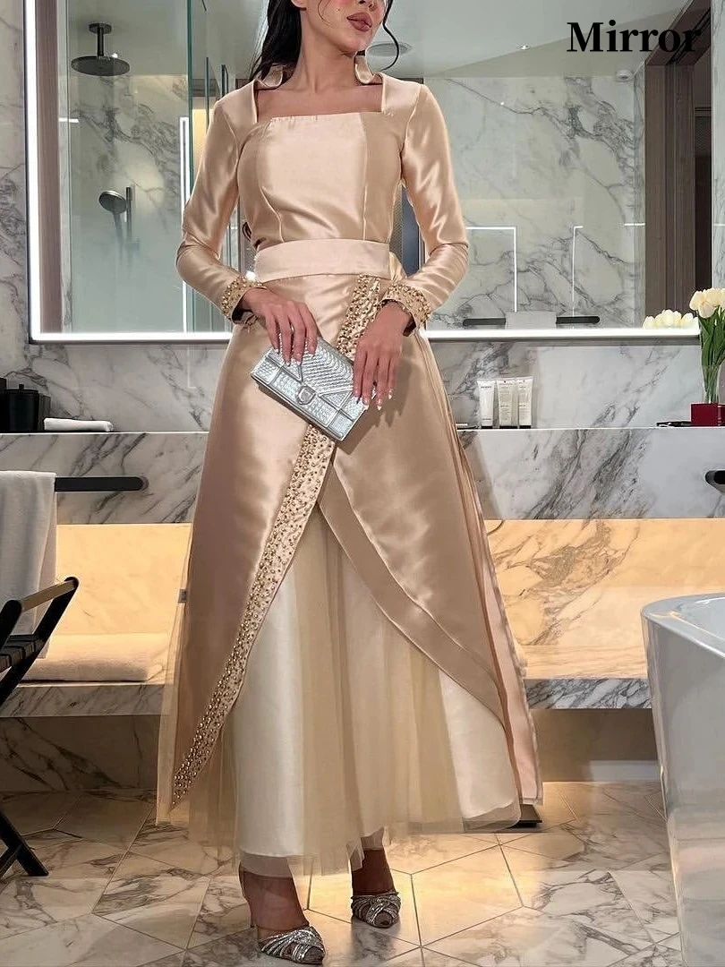 Romantic Champagne Satin Vintage Mermaid Beaded Square Collar A-Line Long Sleeves Formal Occasion Prom Dress Evening Party Gowns