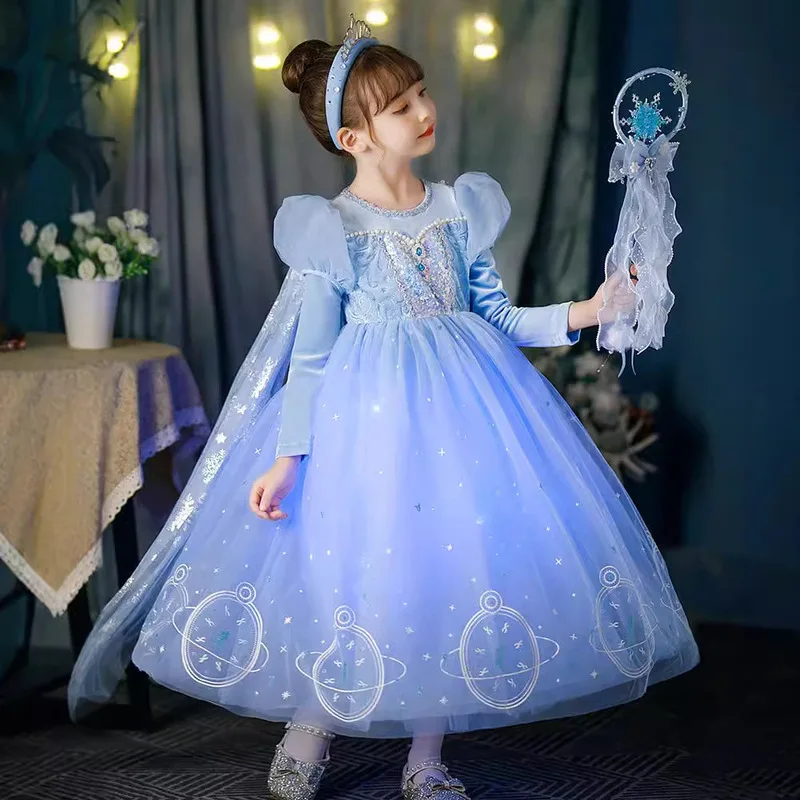 Frozen Princess Elsa Dress 2024 New High Quality Birthday Bubble Sleeve Mesh Princess Dress For Girls Children'S Gift Full Dress