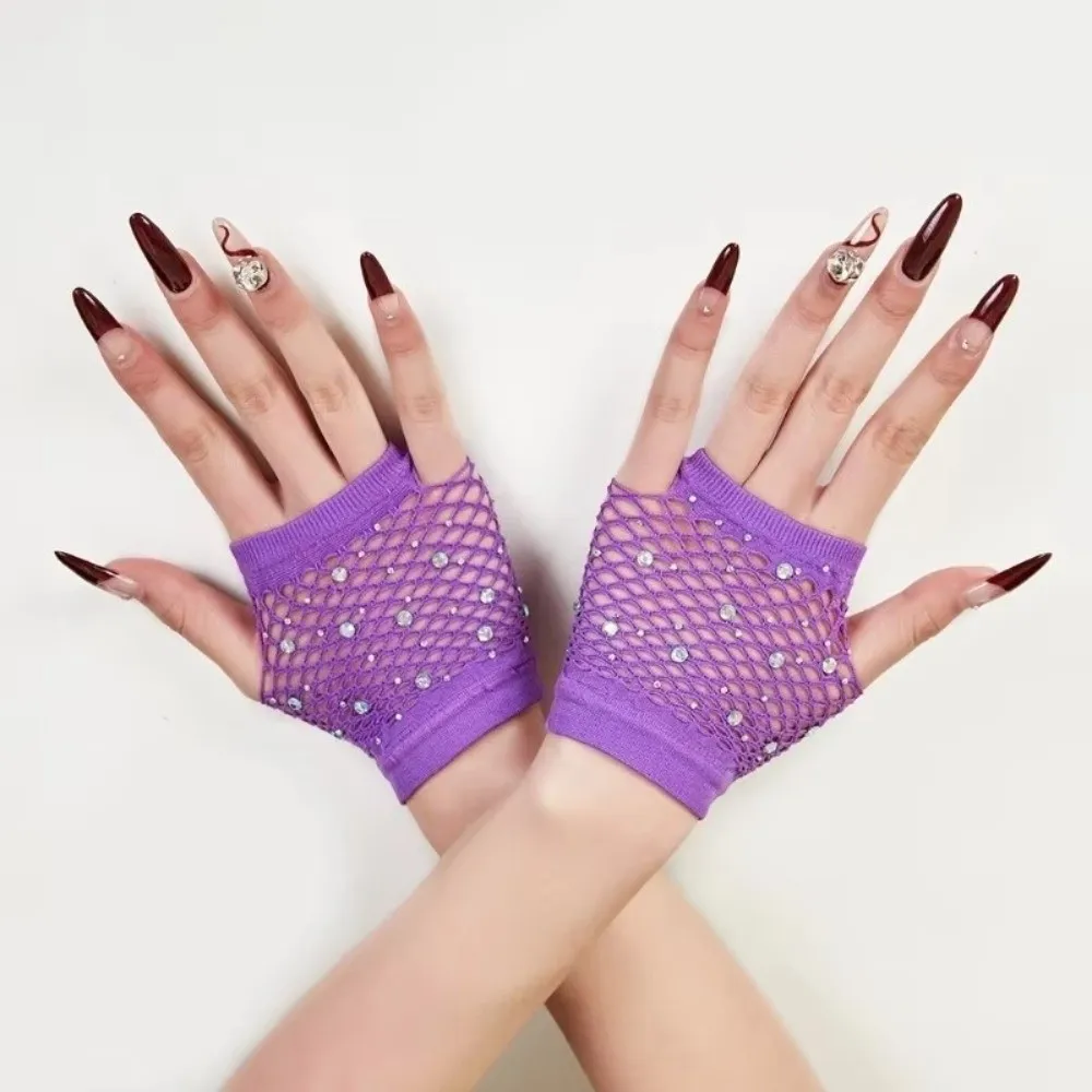 Shiny Decor Rhinestone Gloves Sexy Style Fishnet Design Short Gloves Female Gloves Cosplay Gloves Lace Gloves Dance Performance