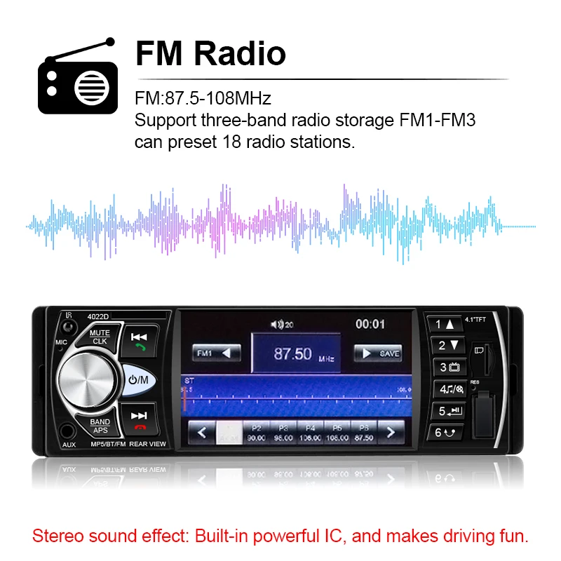  Hippcron 4,1-Zoll-Autoradio 1 Din Bluetooth Stereo-Audio mit FM-Unterstützung, Ladeanschluss, Rückfahrkamera, Lenkradfernbedienung, 12V Universal – Detail 5