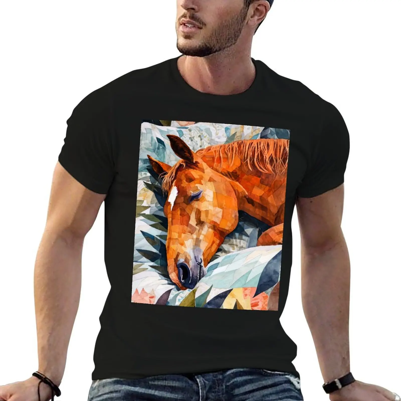 Arte animal del caballo durmiendo # Camiseta de caballo, camisetas para hombre, Camiseta divertida de algodón, camisetas de anime de algodón para hombre, camiseta de gran tamaño