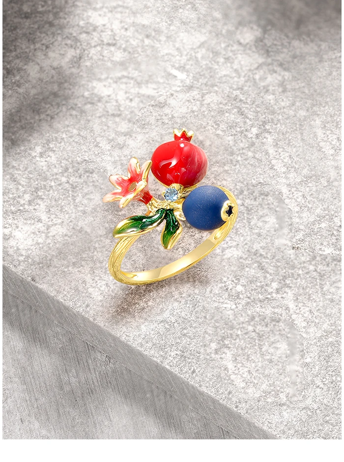SANTUZZA Authentische 925 Sterling Silber Ringe für Frauen, Niedliche Blaubeeren & Granatapfel Emaille Früchte, Zarte Blumen, Edle Schmuckstücke – Detail 5