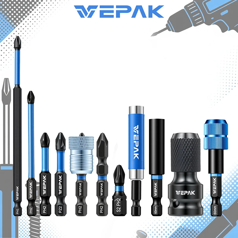 VEPAK Impact Screwdriver Bit Set S2 Alloy Magnetic Drill Bits Extension Bar Adapter Power Tool Accessories