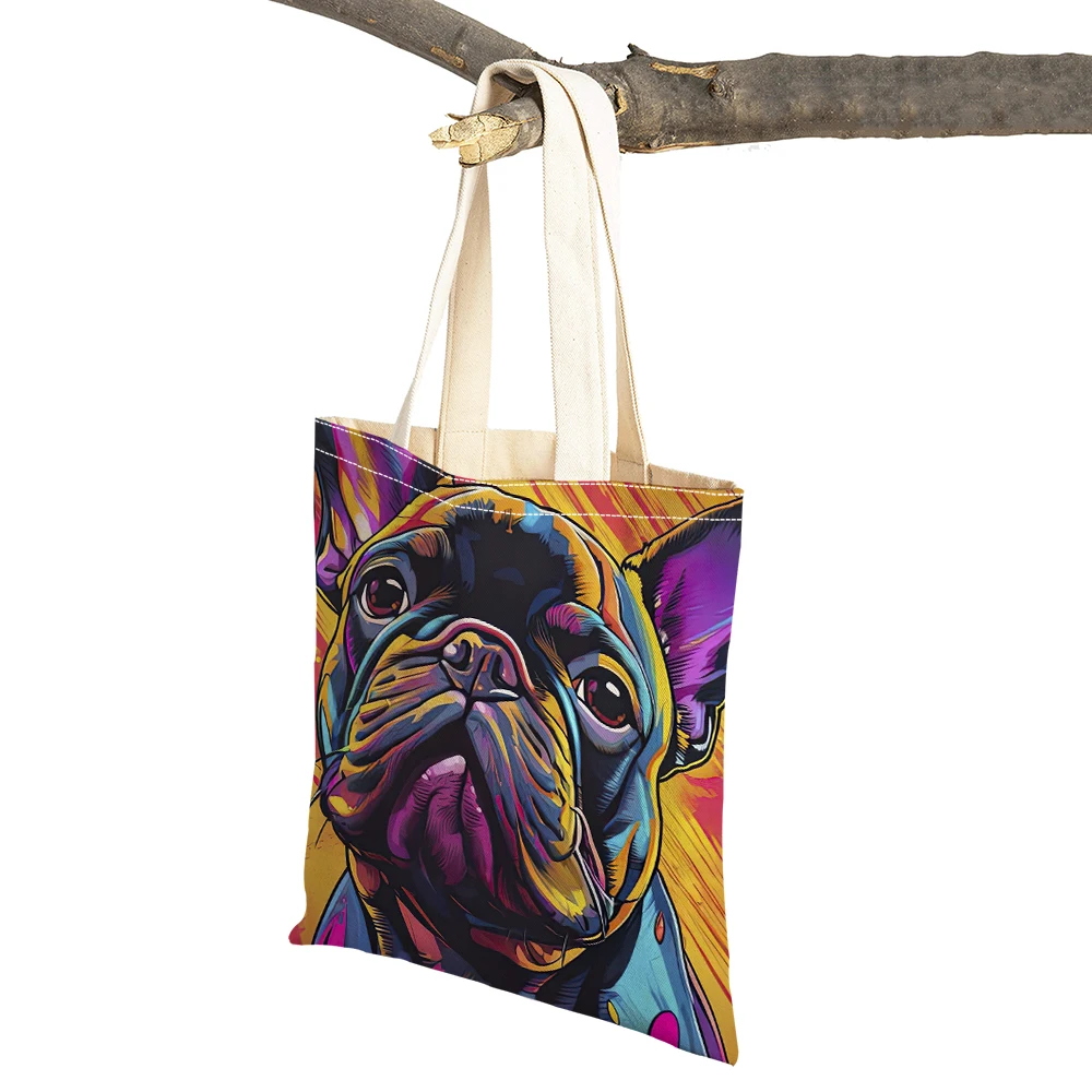 Bolso de mano con estampado de animales de dibujos animados, bolsa de hombro de lona informal, retrato de perro colorido, Boston Terrier, Bulldog