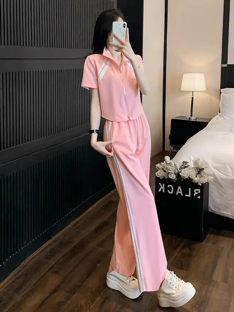 

Pink Fashion Sports Set Women's Summer New Style Casual Aging Style Short Sleeve Wide Leg Pants Two Piece Set