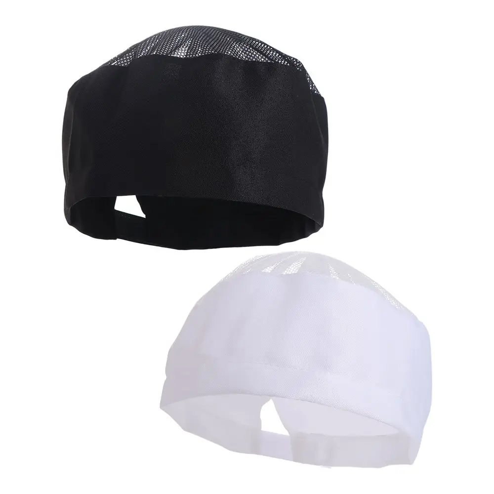 

Japanese-Style Breathable Sushi Cap WIth Mesh Top Single Layered Chef Flat Top Caps Black Adjutable Strap Chef Hat