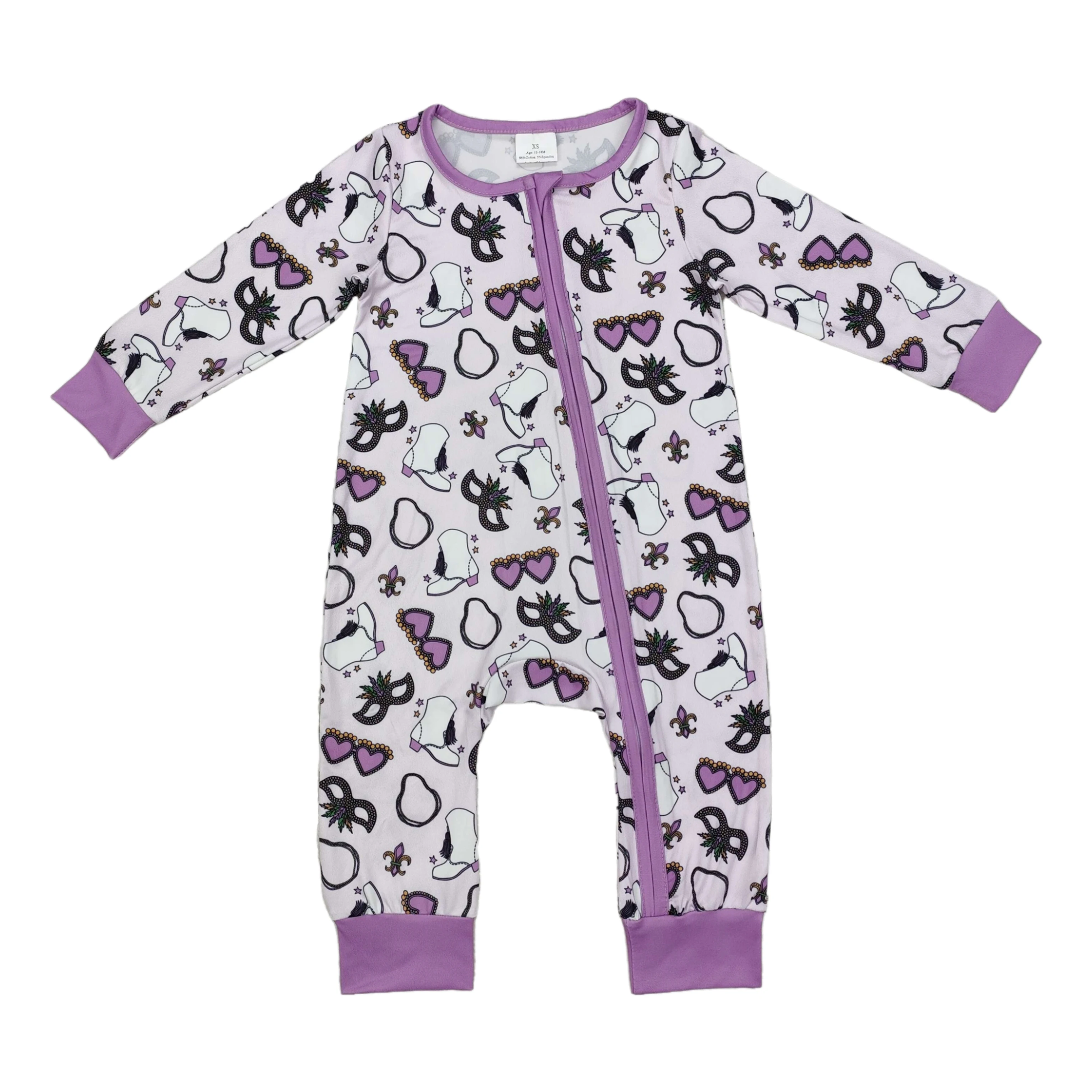 Wholesale Newborn Baby Girl Mardi Gras Clothing Long Sleeves Jumpsuit Kids Children Toddler Spring Fall One-piece Zipper Romper