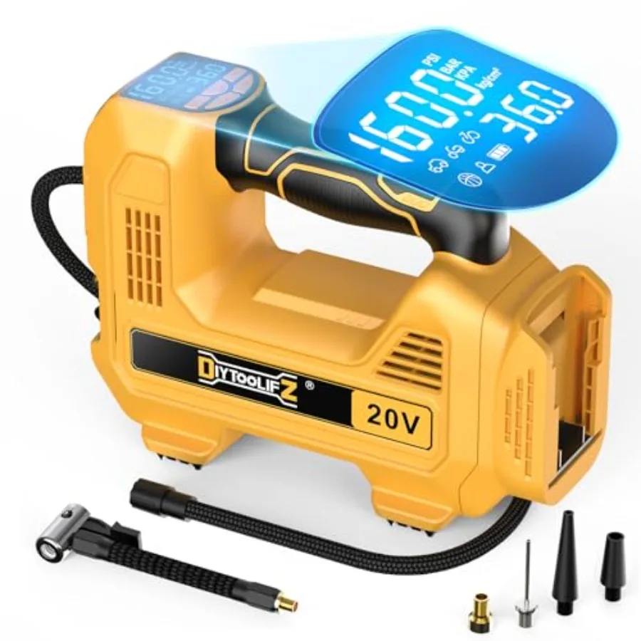 

Беспроводной насос для шин 160PSI, совместимый с воздушным компрессором Dewalt 20V, портативный воздушный насос с автоматическим отключением, LED-подсветкой и цифровым дисплеем