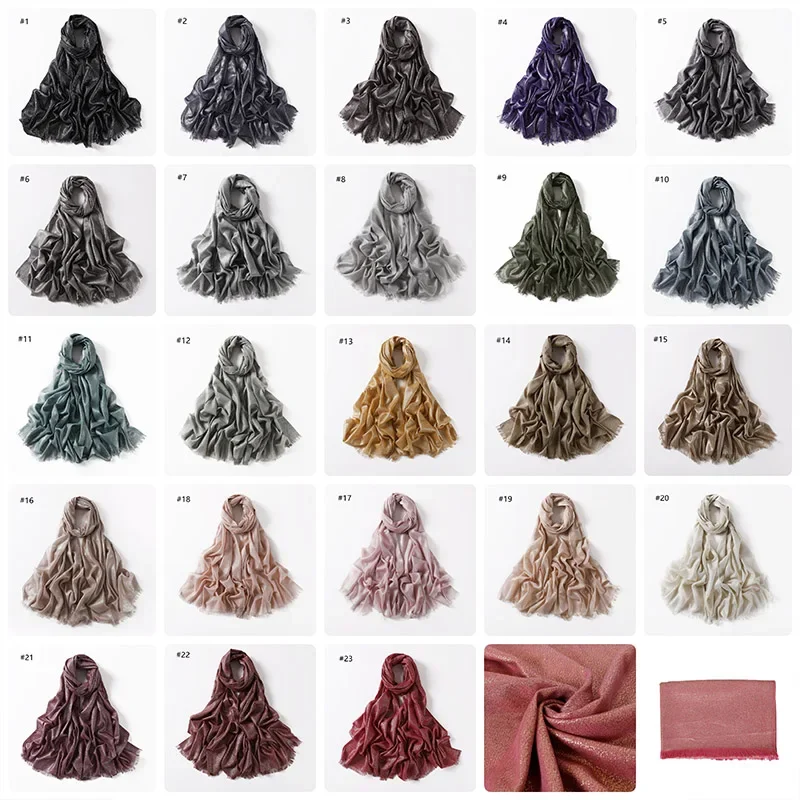 80X200cm Muslim Women  Glitter HIjab Scarf With Gold Silver Lines Shimmer Fringe Viscose Hijab Lady Wrap Pashmina 23 colors