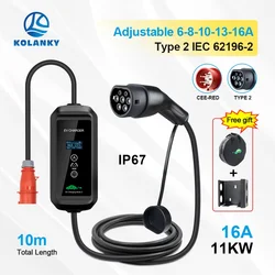 Mobile 6/8/10/13/16A 11KW 3P 380-450V EV Charger Wallbox Type 2 IEC 62169 Charging For EU Eletric Vehicle Hybrid Cars Cable 10M