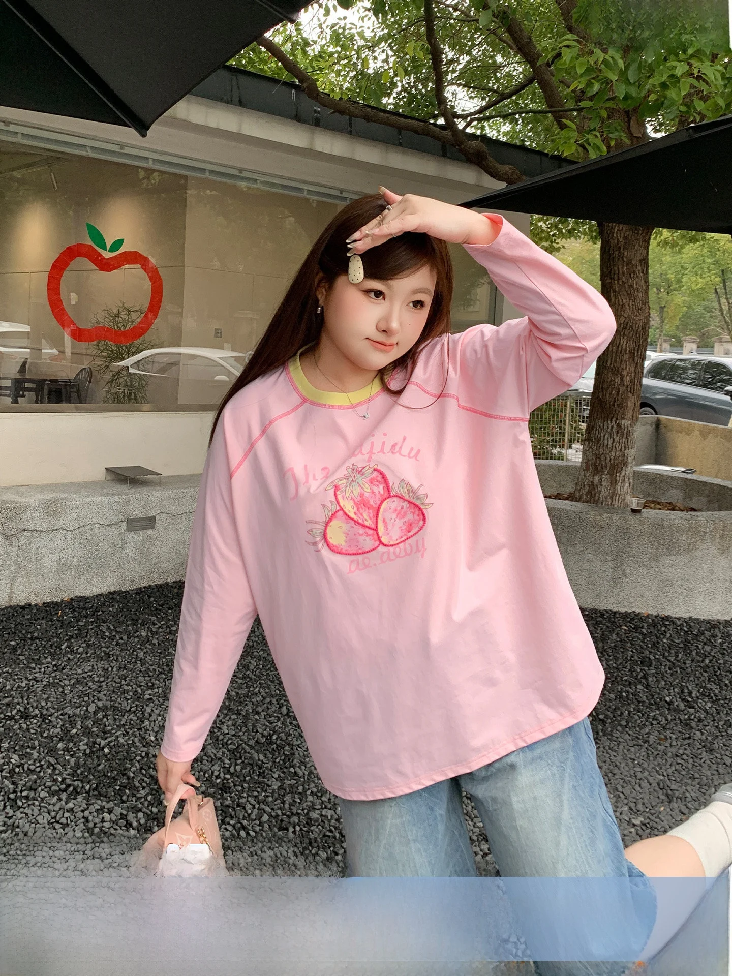 

YUZI Long Sleeve T-Shirt Strawberry Chain Embroidery High Elastic Loose Pink Sweet plus Size Women's Fashion Spring Cotton Po...