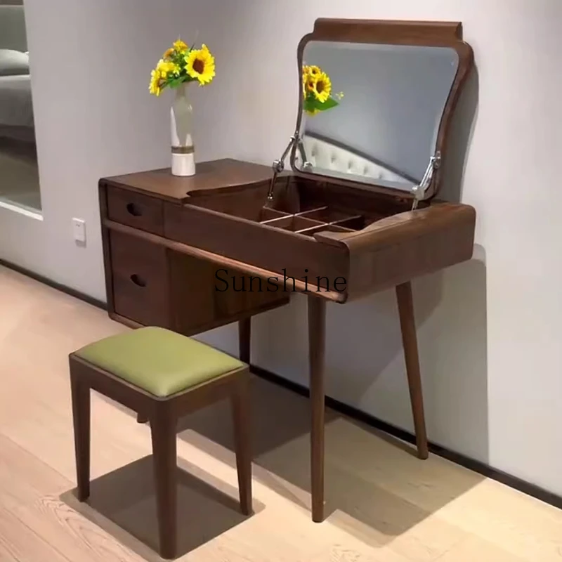 

Modern simple light luxury solid wood makeup table bedroom makeup mirror stool combination