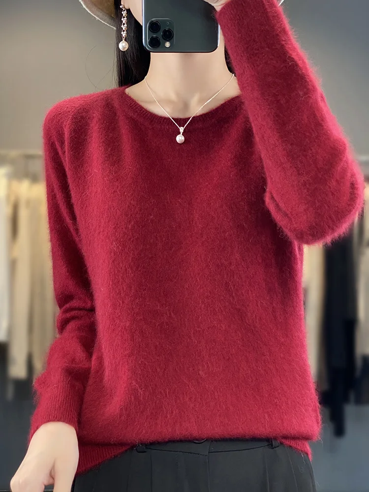 2024 New Women Basic O-neck Pullover Sweater 100% Mink Cashmere Long Sleeve Cashmere Knitwear Autumn Winter Female Clothing Tops