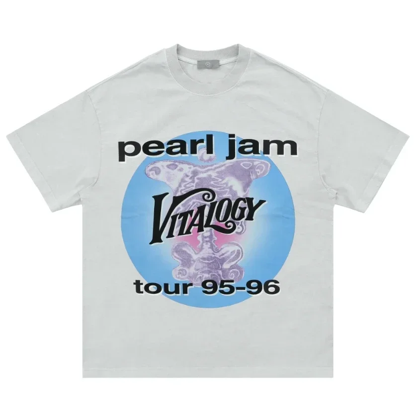 Rock'n' Roll Washed And Worn Vintage Pearl Sauce Short-sleeved T-shirt White Ink Direct Spray High Street Style