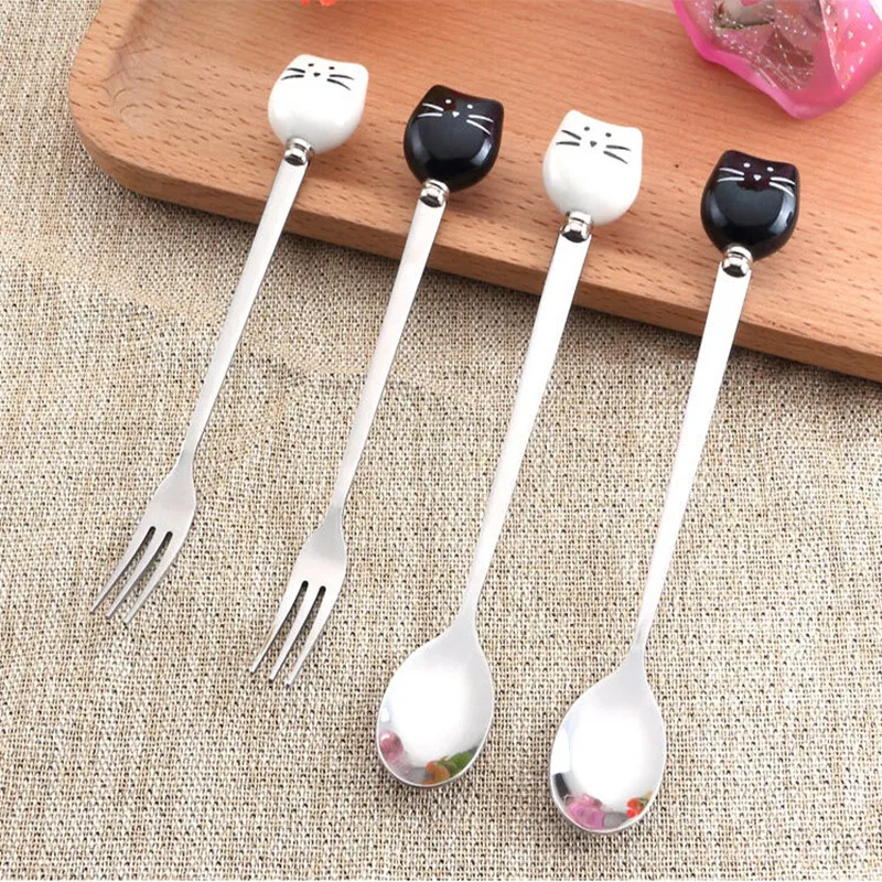 1pc Cartoon Cute Cat Fork Stainless Steel Long Handle Stirring Spoon Fruit Fork Coffee Spoon Ceramic Handle