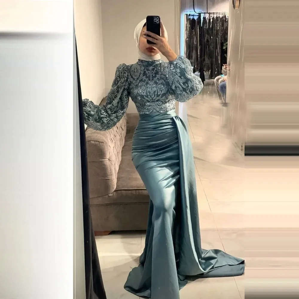 

2023 Muslim Evening Dresses Mermaid Long Sleeve Lace Applique Princess Satin Prom Gowns Formal Party Fashion Celebrity Vestidos