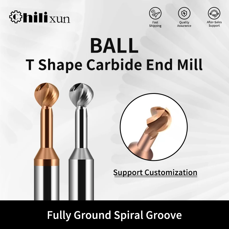 HILIXUN Lollipop Ball End Mill Solid Carbide Ball T Shape Cutter 3D End Mill R0.5-R10 Metal Steel Aluminum Copper Iron