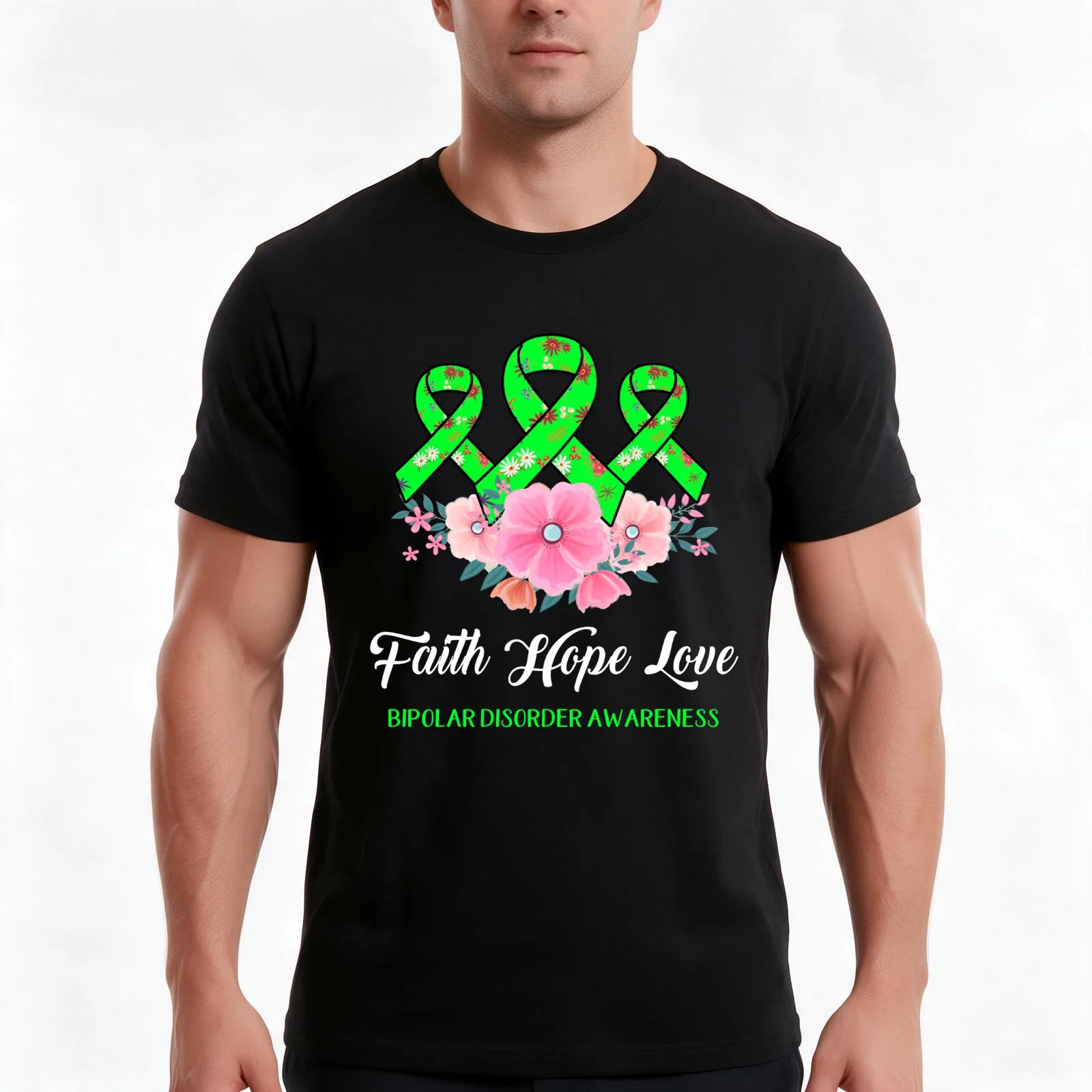 Faith Hope Love Bipolar Disorder Awareness T-Shirt, Summer Casual Cotton Tee, Oversized Streetwear Tops, Vintage Graphic Print