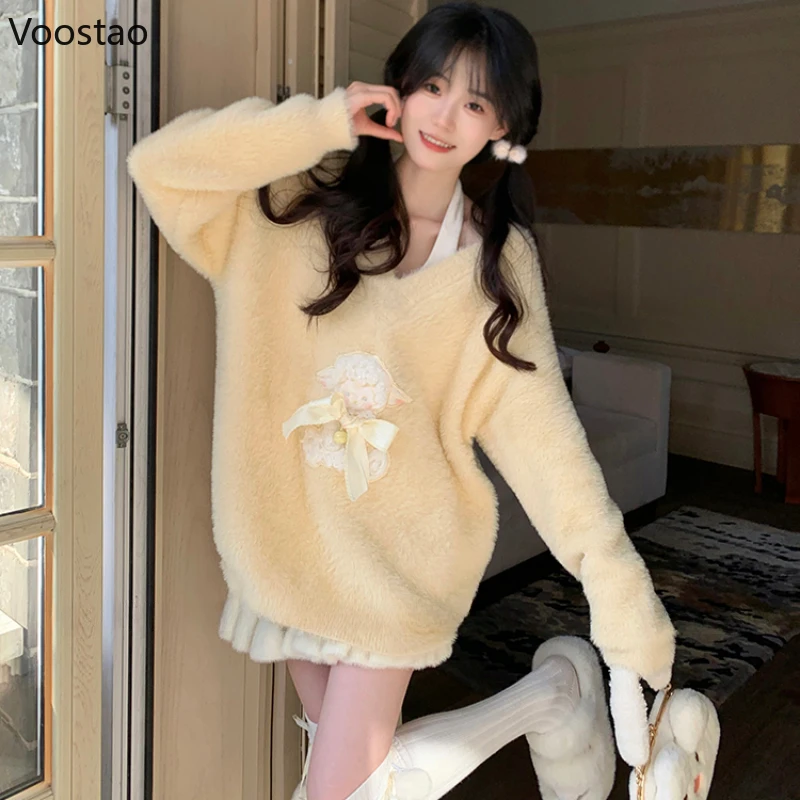 Korean Cute Sweater Tops Women Casual Bow Cartoon Sheep Embroidery Knitted Pullovers Harajuku Streetwear Girls Y2k Knitwear Coat