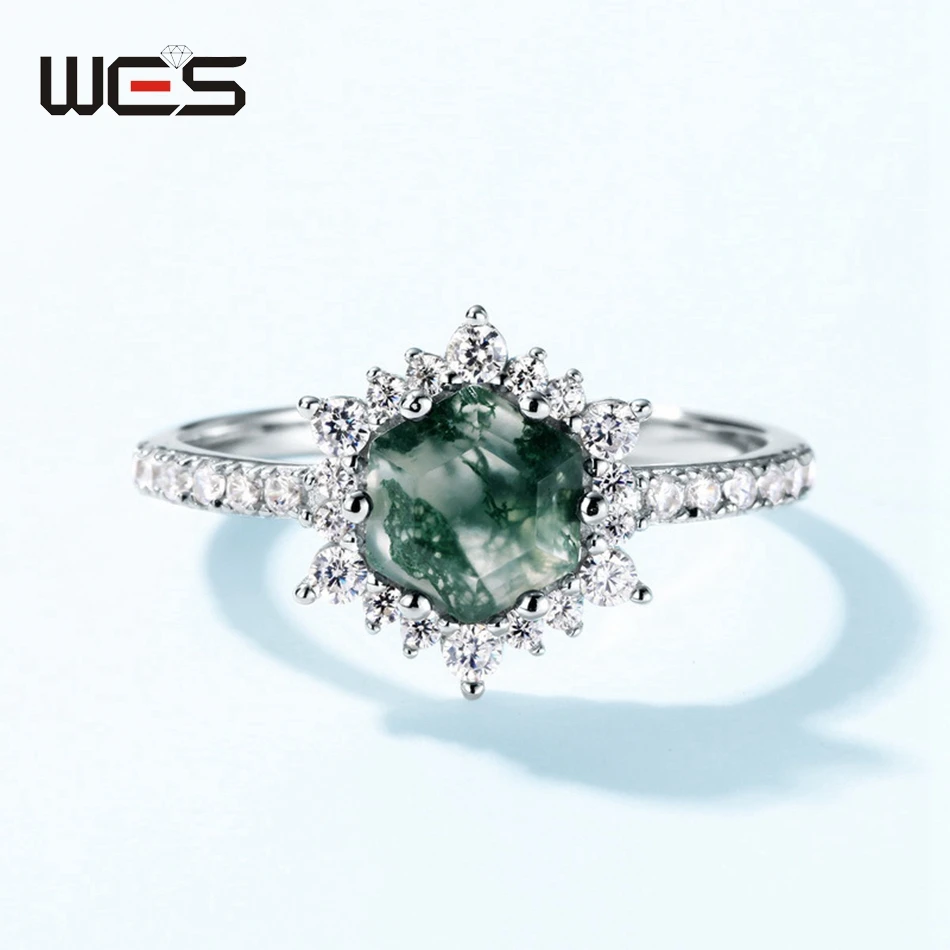 WES 100% 925 Sterling Silver Natural 7*7mm Moss Agate Gemstone Rings For Woman Trendy Fine Jewelry Gift Fashion Advanced Feeling