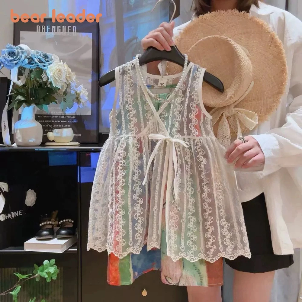 

Bear Leader Summer New Ethnic Style Girls' Clothing Lace Vest+Color Blocked Strap Dress 2Pcs Sweet and Cute Children's Sets