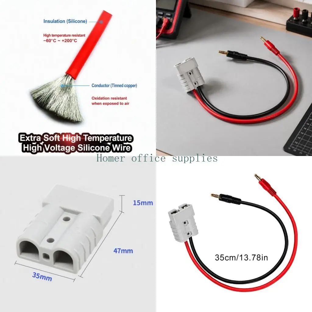 K43B Power Wiring Cable with SB50 Input, Two Male Banana Terminals, Tinned Conductors, PVC Covering, and Molded End Covers for