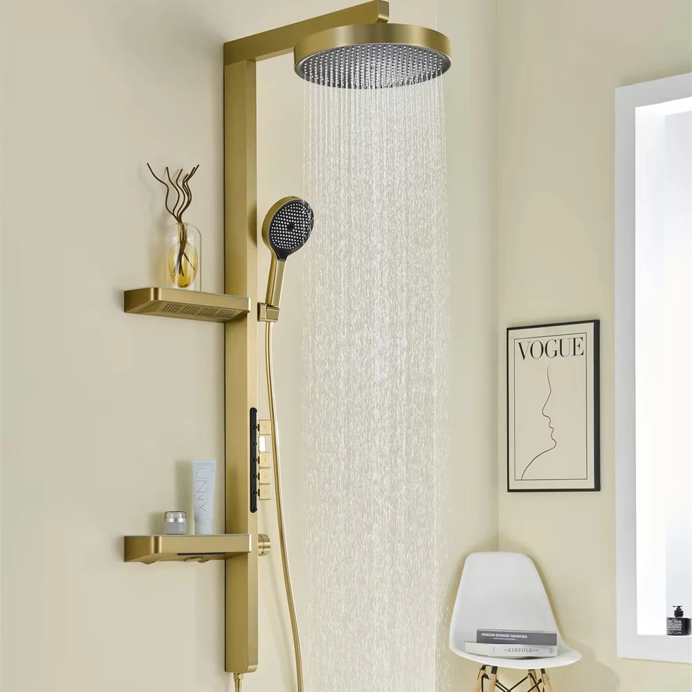 

Luxury Brush Gold Bathroom LED Display Piano Key Shower Set With Shelves