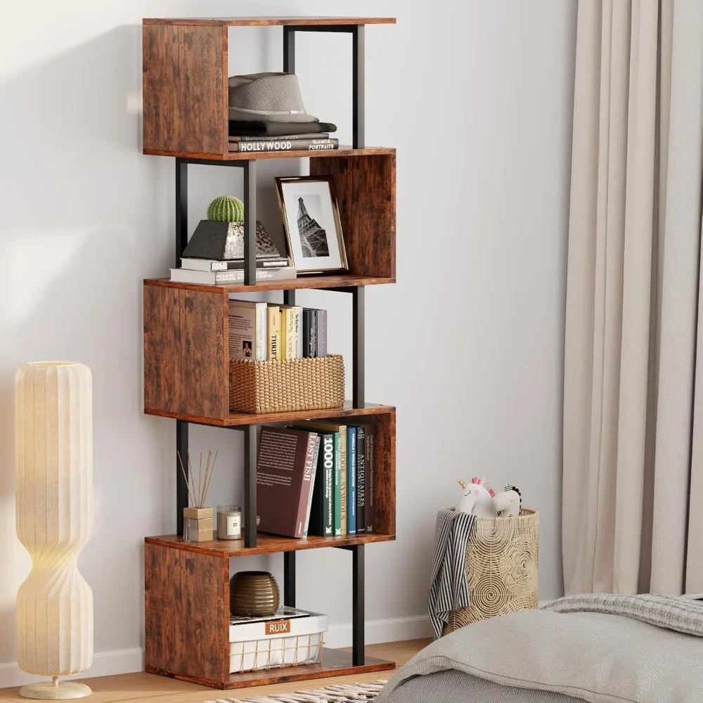 

6-Tier Bookshelf, Industrial Freestanding Display Shelf Unit, for Living Room Bedroom, Home Office. S-Shaped Geometric Bookshelf