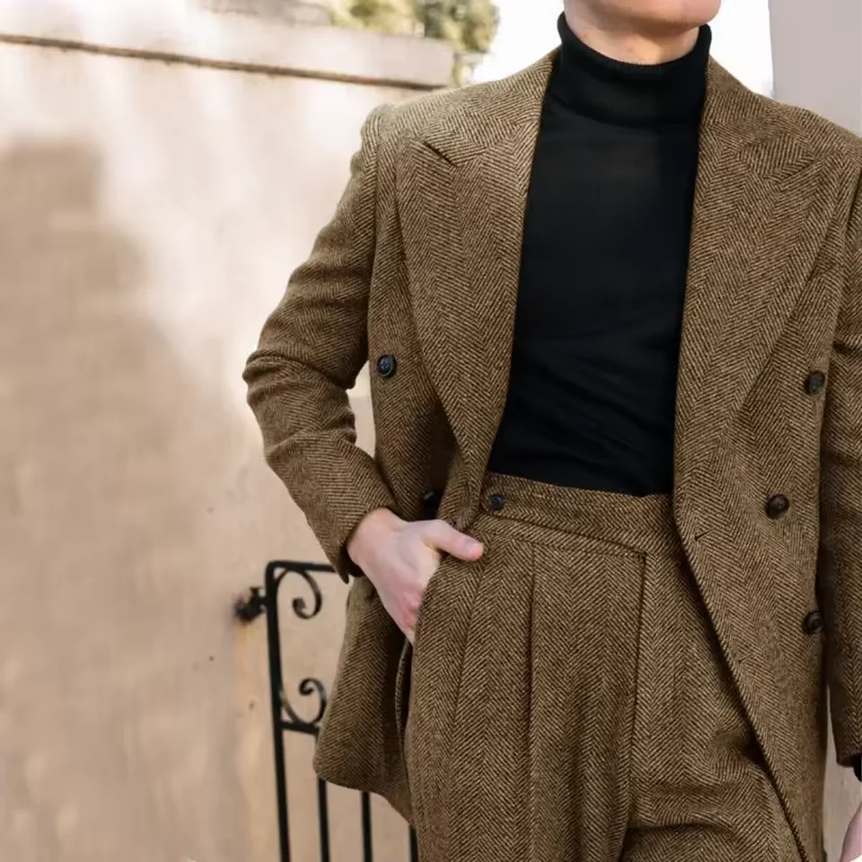 

Men's Wedding Suit Herringbone Double Breasted Formal Men's Lapel Men's Suit 2 Pieces Autumn Winter Full Suit Elegant Slim Fit