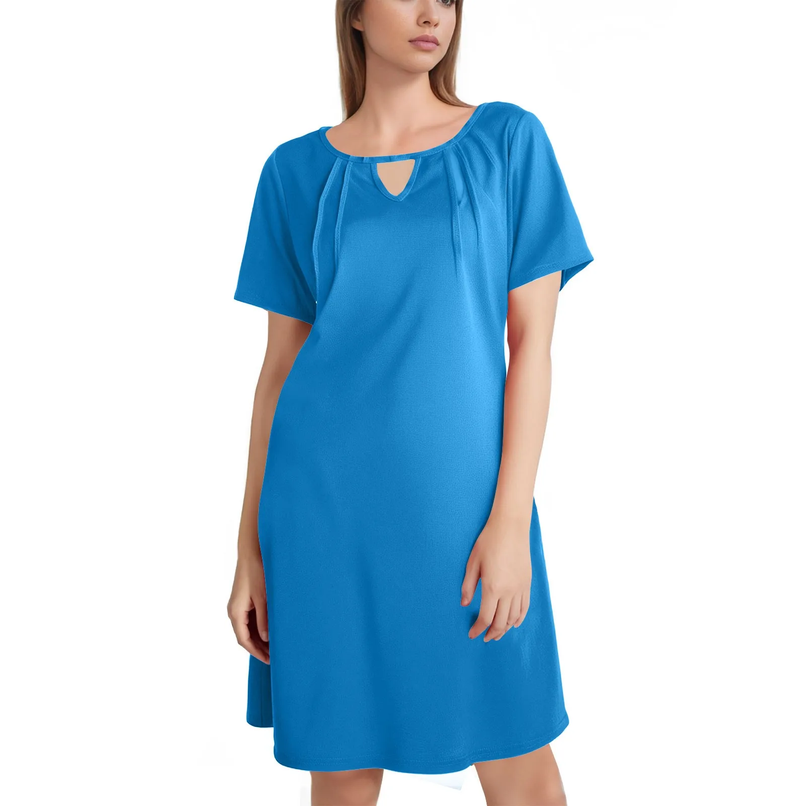 Casual Loose V-neck Dress Summer Women's Loose Dresses Female Short Sleeve Mid-length T Shirt-dress Solid Color