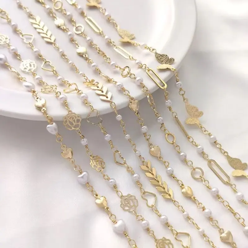14K مطلية بالذهب القلب روز طويل يا خاتم فراشة منفصلة باللؤلؤ اليدوية سلسلة Diy بها بنفسك مجوهرات سلسلة فضفاضة B668