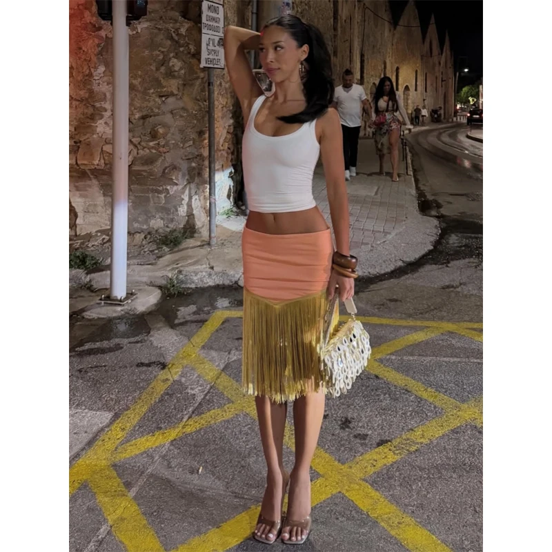 Women's Peach Fringe Bodycon Skirts Women Sexy V-shape Gold Fringe Slim Fit Midi Skirt 2026 Summer Beach Vacation Outfit New 16 Sa02b72461b4f4784a8492a25ca20a806M
