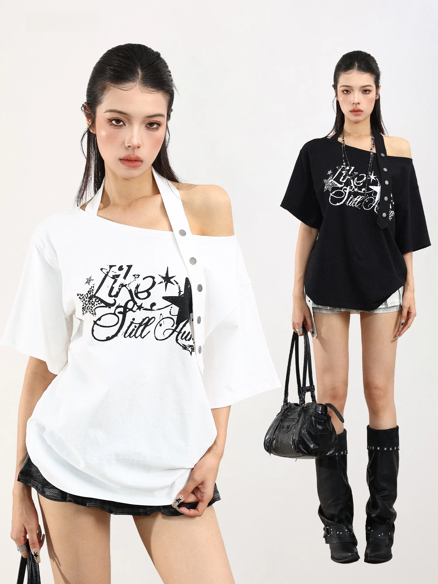 American Style Letter Print Shoulder Baring Short Sleeve T-Shirt Women Summer Heavyweight Loose Fit Spicy Girl Top