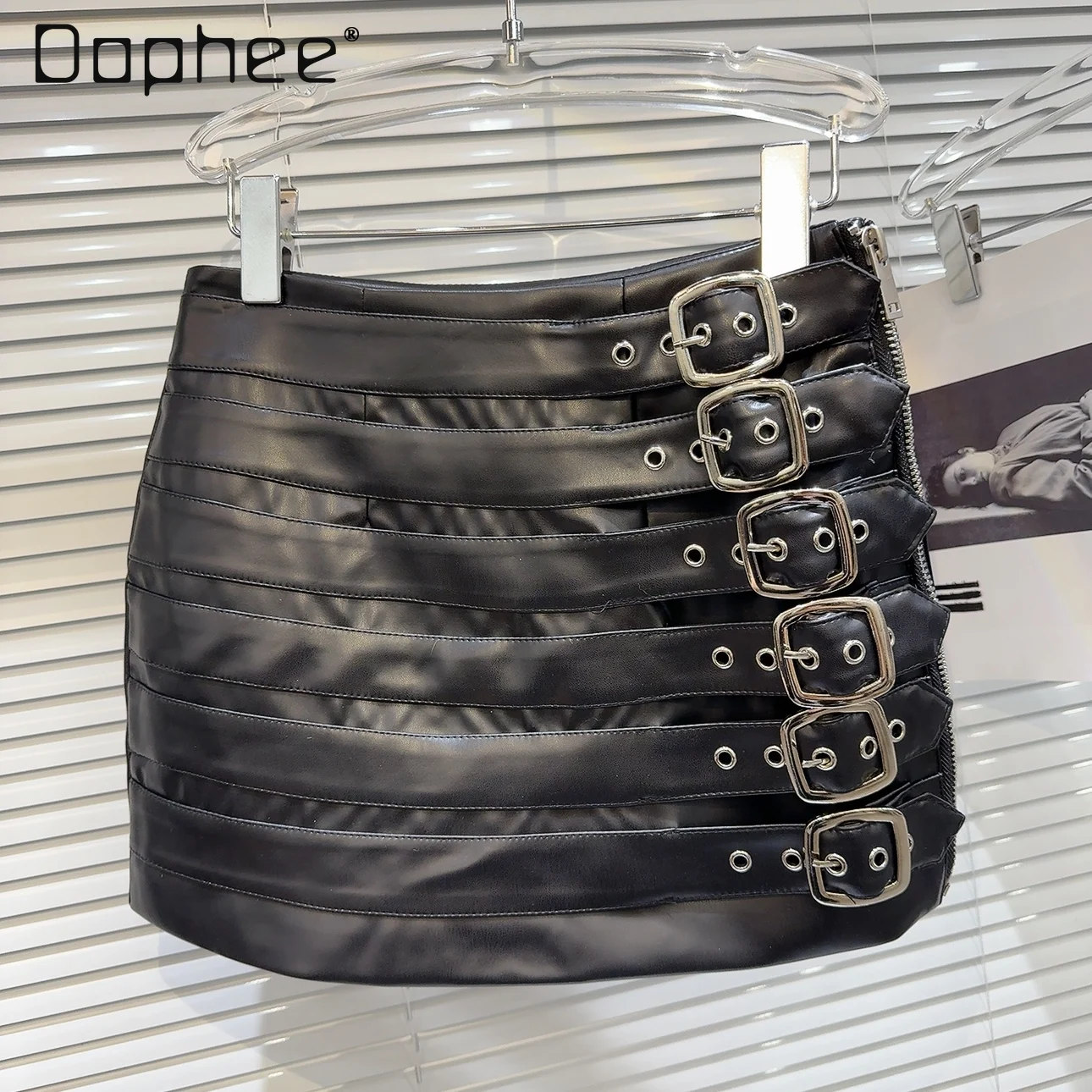 

Metal Buckles Multi Belt PU Leather Mini Skirt Punk Vintage High Waist Sexy Wrap Hip Skirts Streetwear Black Slim Female Trendy