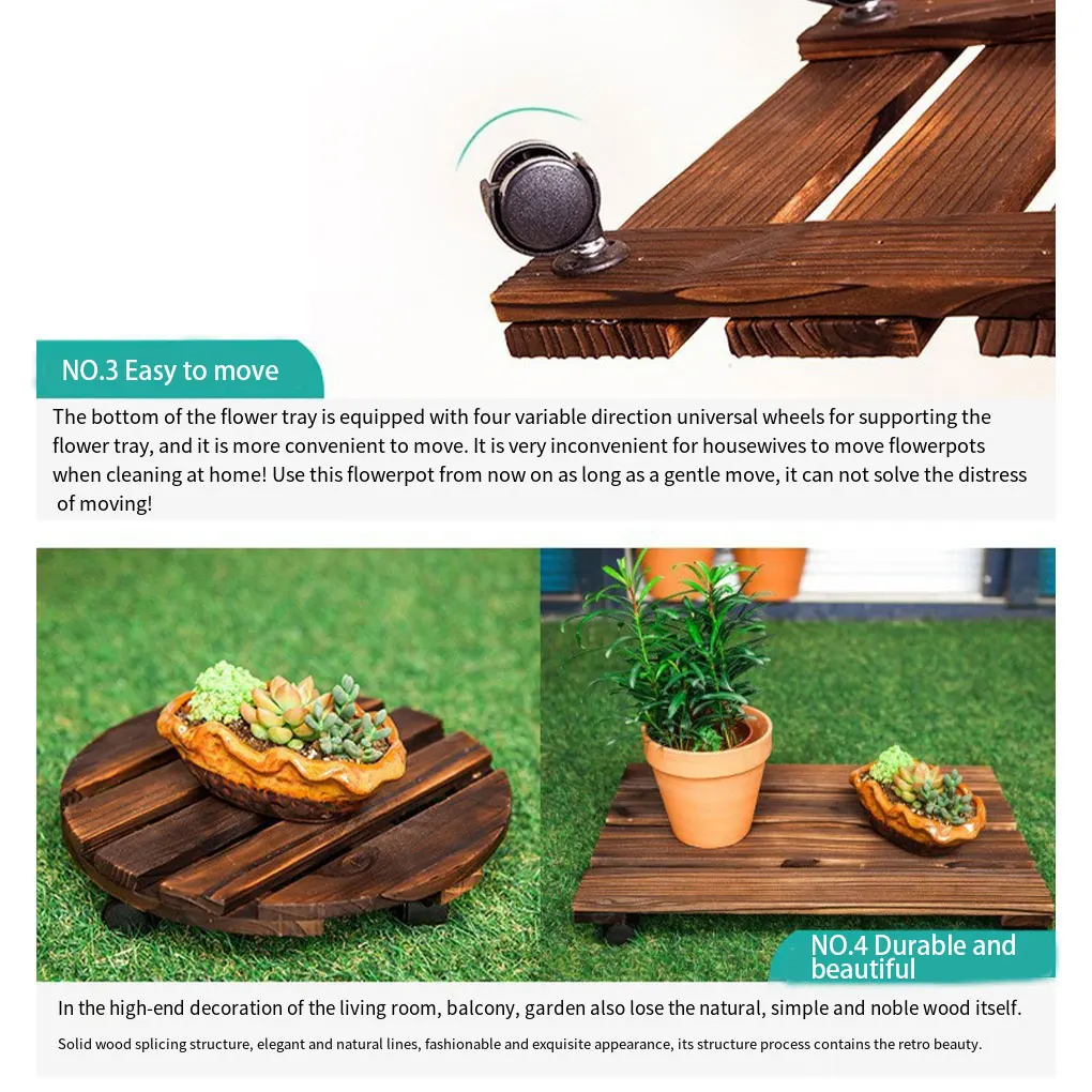 Brown Wooden Flower Pot Tray With Wheeled Base Unique Long-lasting Durability Wooden Flower Holder