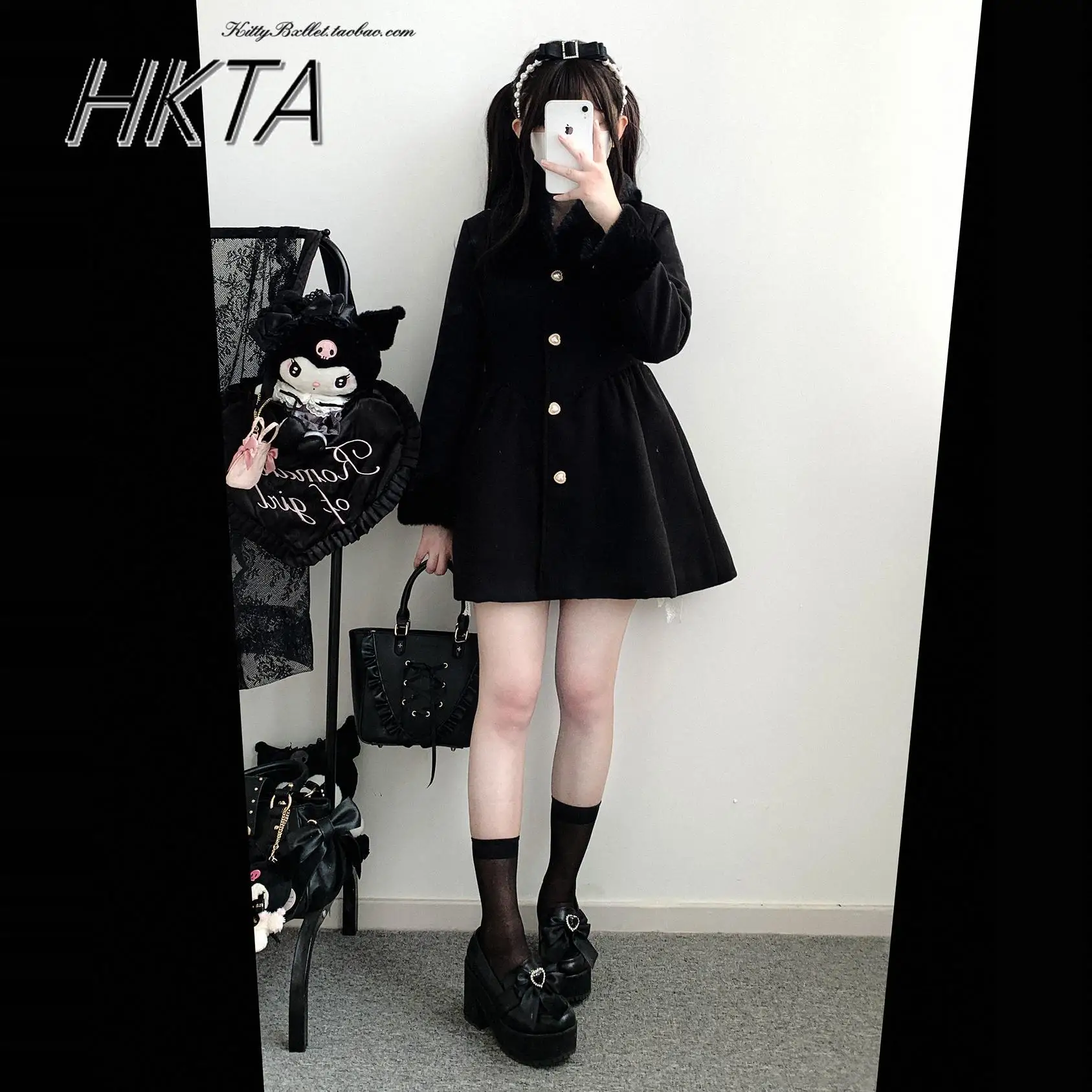 원피스 여성 슬림 긴팔 모직 롱 코트, 탈착식 모피 칼라, 광산 모조 트위드 코트, 귀엽고 우아한 일본 겨울 신상