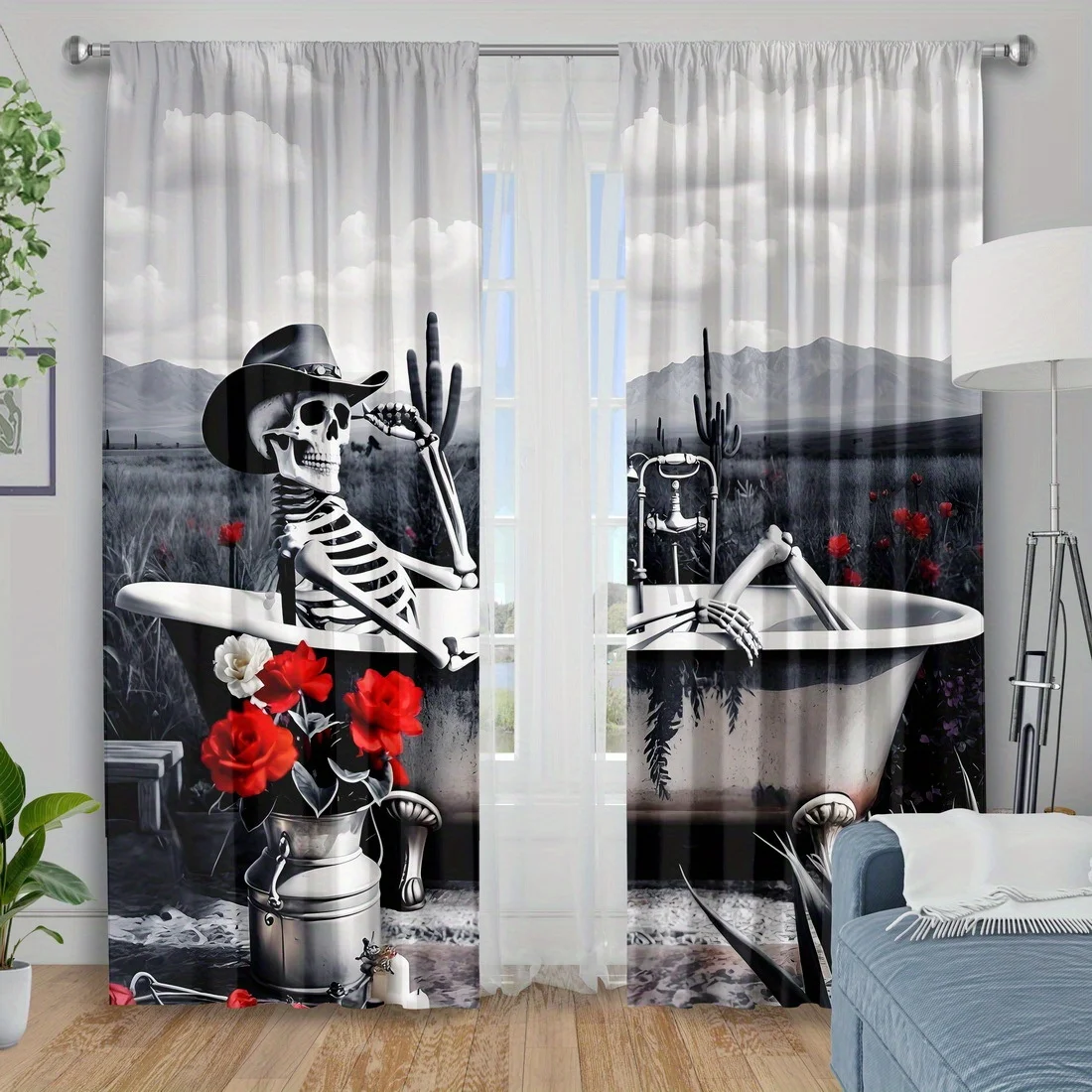 Gothic Skeleton Cowboy Curtains, Vintage Western Desert Print Window Drapes, Red Rose Decor, Blackout Fabric for Living Room