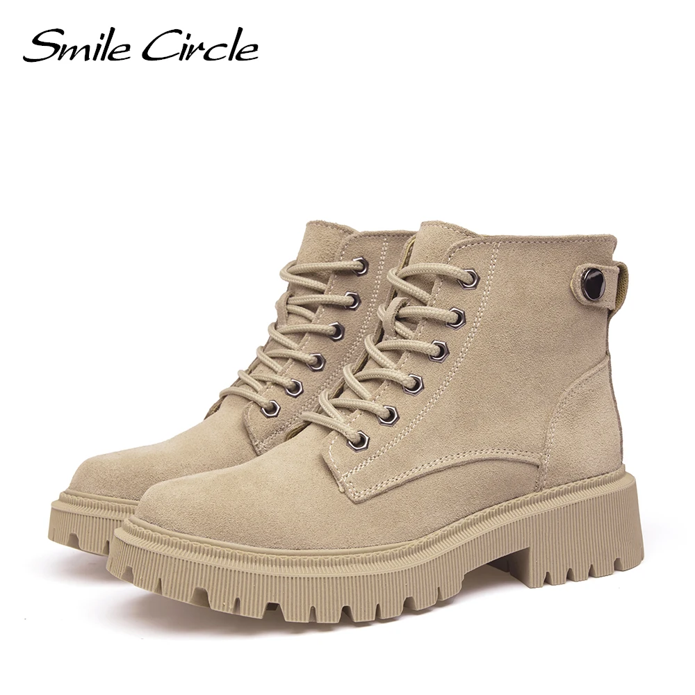 Smile Circle Women Ankle Boots Suede Leather Lace-ups Platform Boots Autumn/Winter Chunky Boots for Ladies Shoes