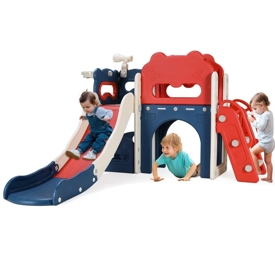 

Большой игровой набор для малышей, L-образная горка с длинным наклоном, детский альпинист, закрытые ступеньки, телескоп, баскетбольное кольцо, туннель для дома и улицы