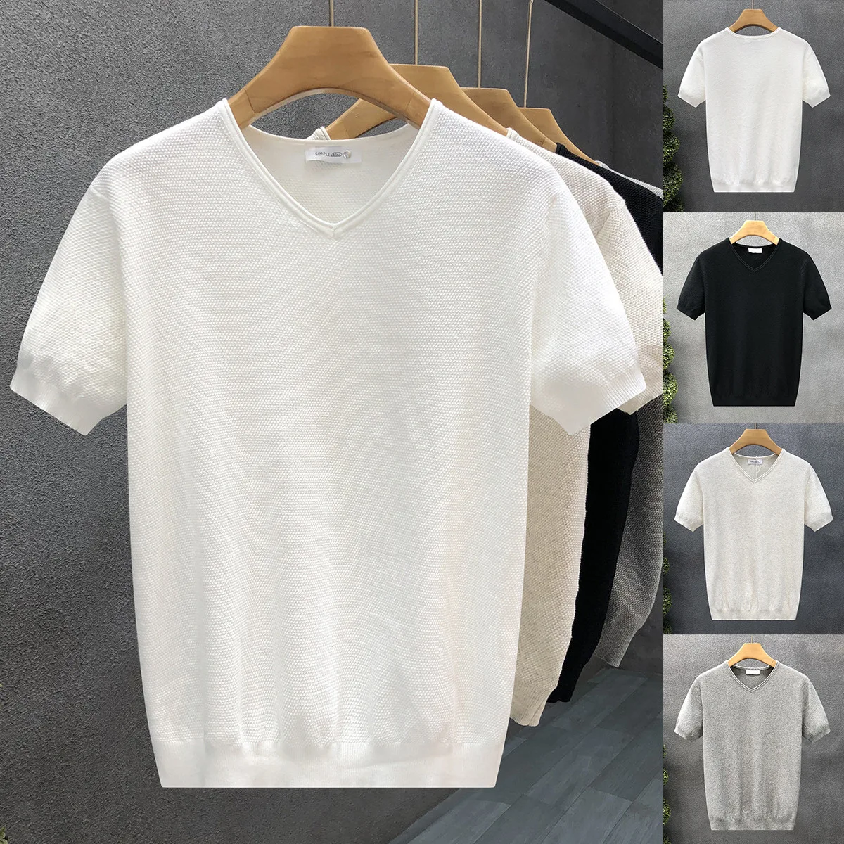 Knitted sweater short-sleeved T-shirt men's tight elastic V-neck chicken heart collar summer cold silk feeling